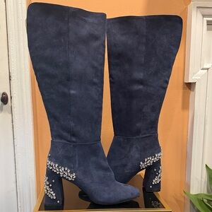Vince Camuto Navy Suede Heeled Boots with Crystal Accents